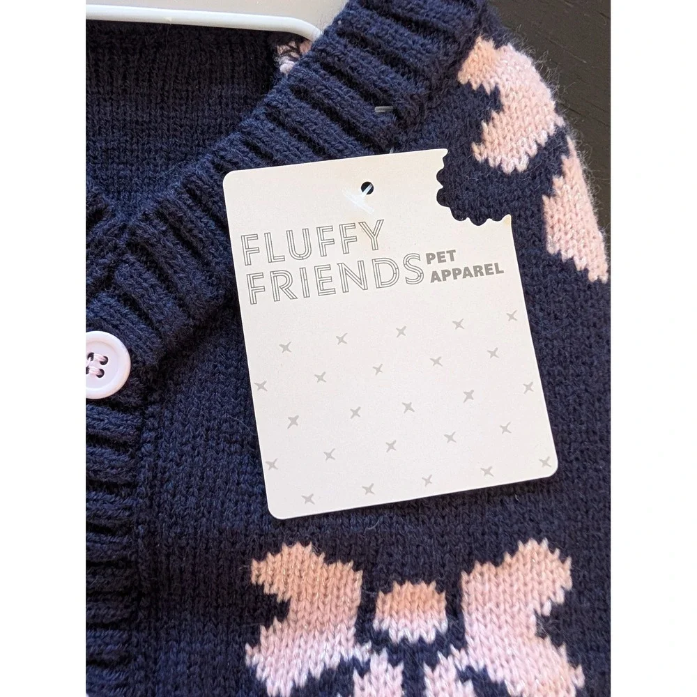 Fluffy Friends Dog Pet Cardigan Sweater Navy Blue Pink Bow Knit Sz M Coquette